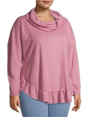 Terra & Sky Plus Size 1X Top  Pink Cowl Neck Sweater Ruffle Hem Knit Pullover